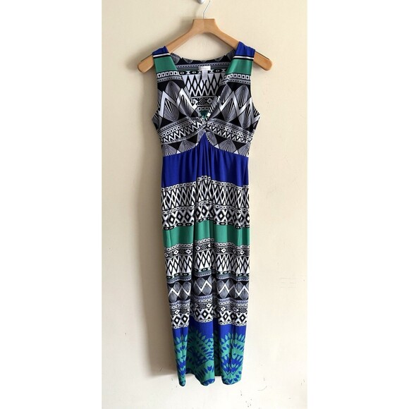 Chico’s Women Katrina Abstract Tribal Jersey Maxi Dress Knotted V Neck Sz 1 / M - Picture 1 of 3